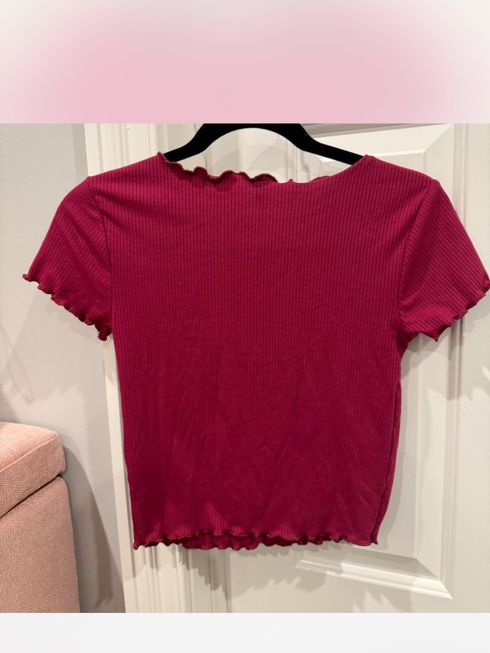bp Ribbed Lettuce-Edge Short Sleeve Top - Raspberry - Picture 2 of 3